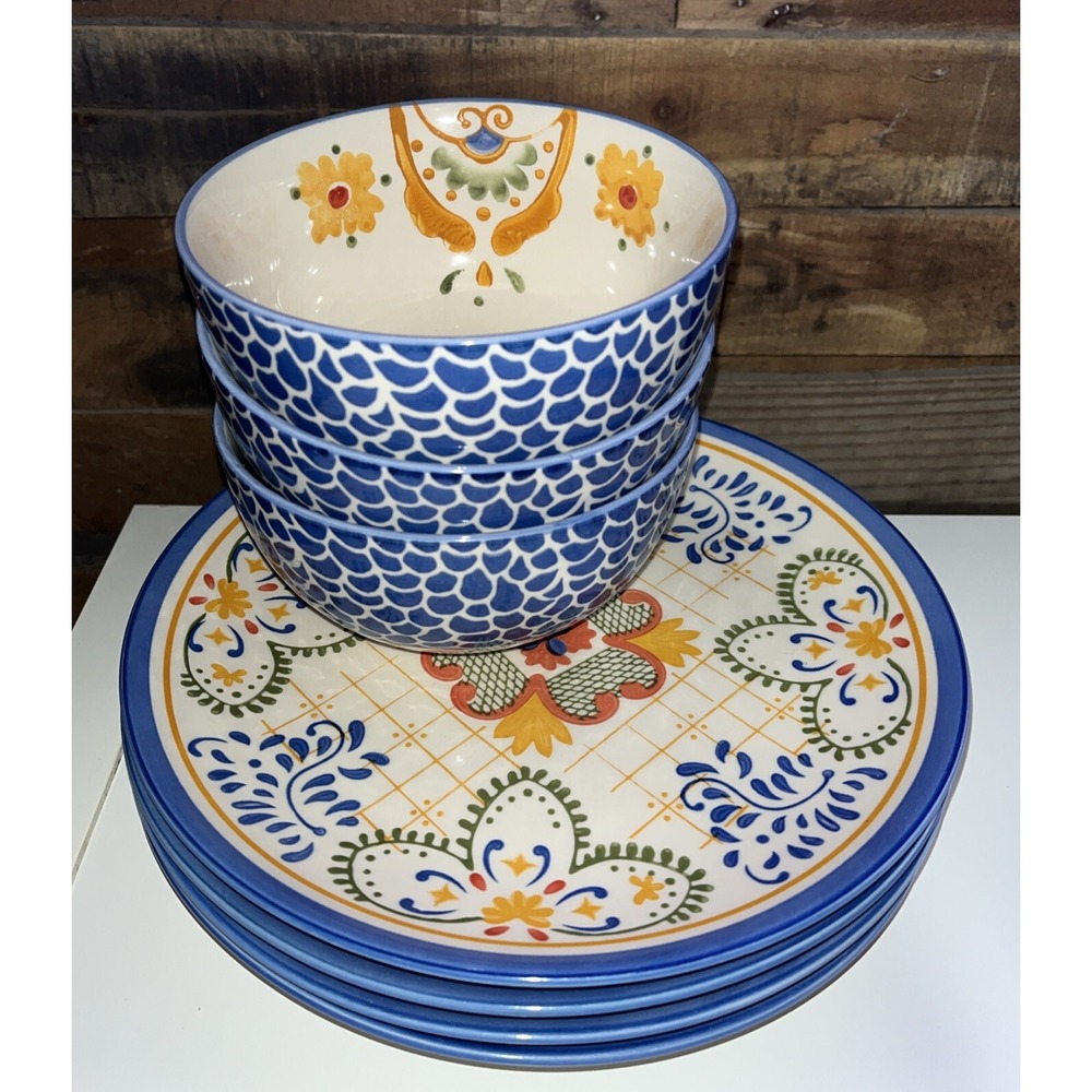 Laurie Gates Tile Dishes 7 Piece Round Stoneware. 4 Dinner Plates & 3 Deep Bowls